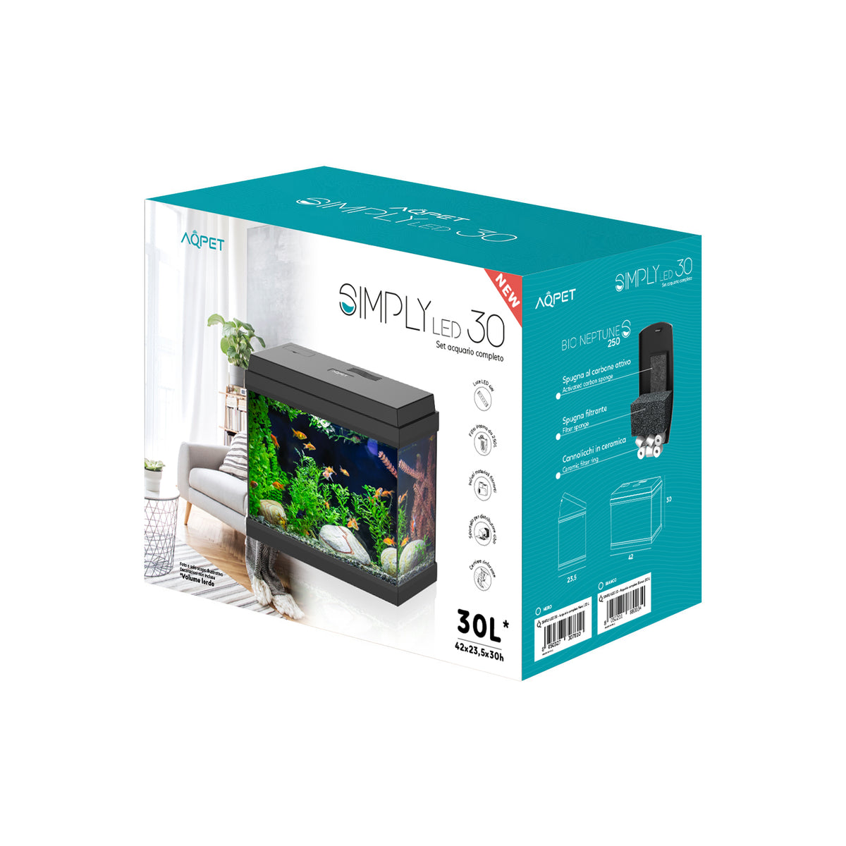 AQPET AQUARIUM SIMPLY LED 30 SCHWARZ KOMPLETT MIT LICHT UND FILTER - 39X22X30 H CM
