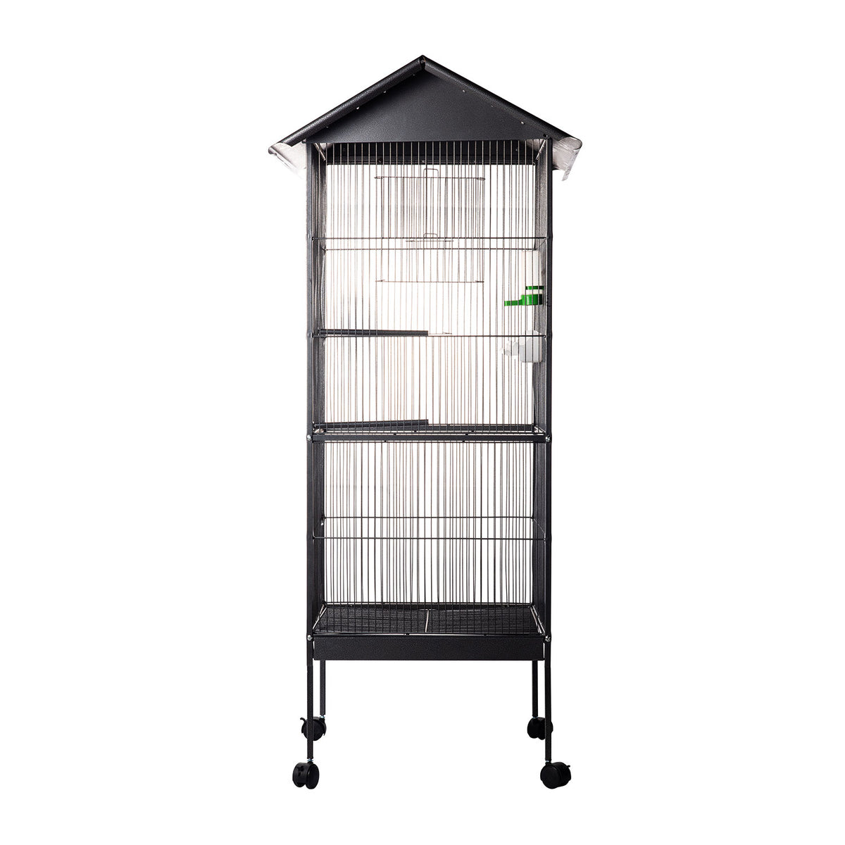 AQPET FRIENDS Voliere mit Dach für große Vögel und Kanarienvögel, Metallkäfig mit Ständer und Rollen, geeignet für Innen- und Außenbereiche, Maße 157x52x52 cm, Schwarz