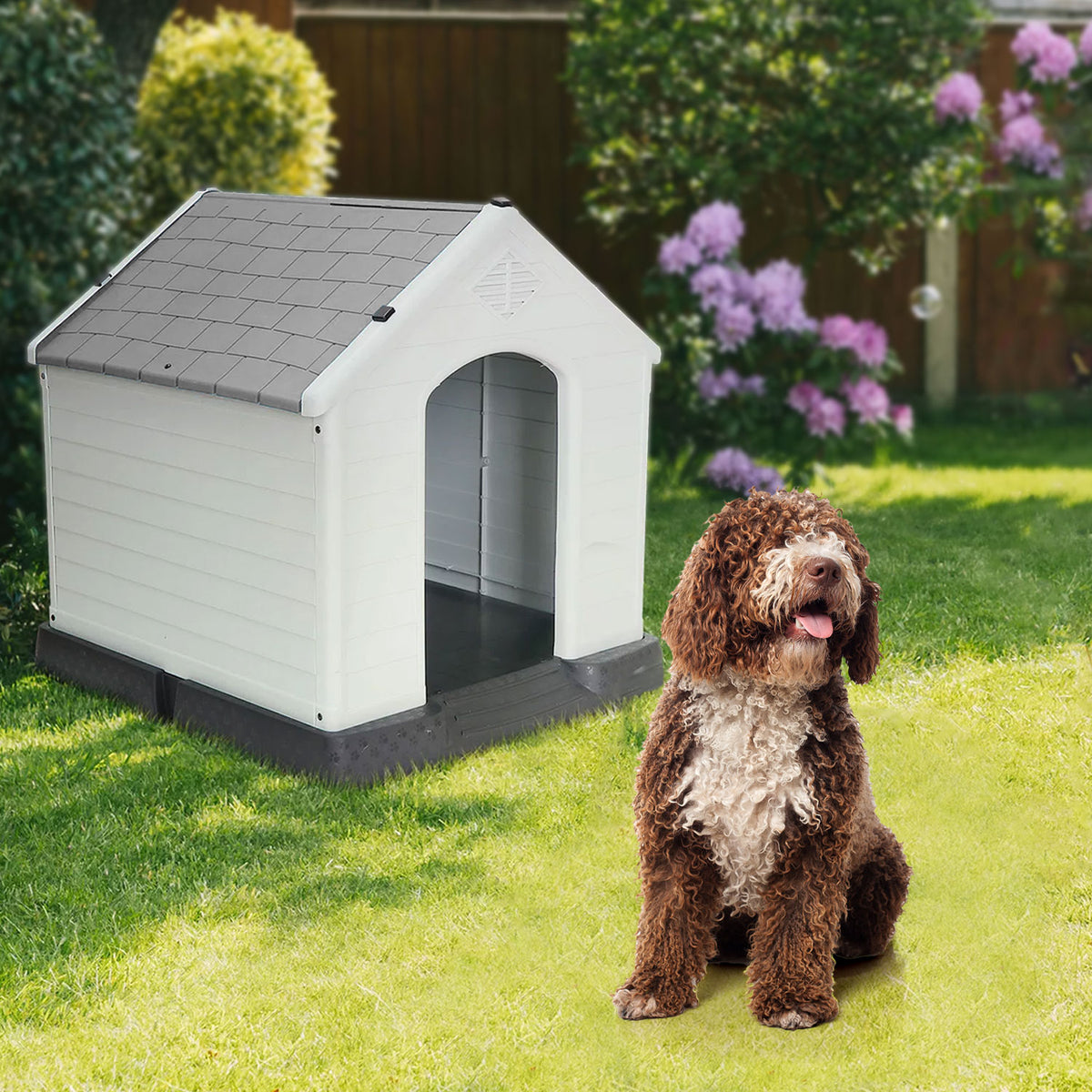 AQPET FRIENDS Chalet Kunststoff Hundehütte Wetterfest Für Hunde Und Katzen Komfort und Entspannung, Für Drinnen und Draußen