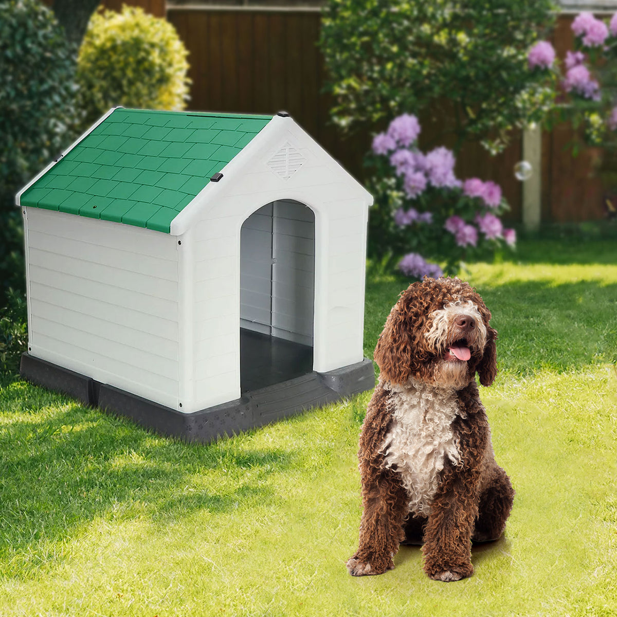 AQPET FRIENDS Chalet Kunststoff Hundehütte Wetterfest Für Hunde Und Katzen Komfort und Entspannung, Für Drinnen und Draußen