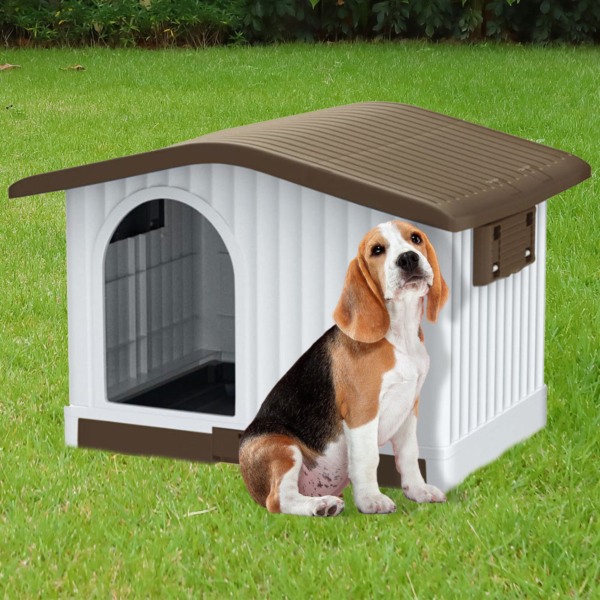AQPET FRIENDS Hundehütte aus Kunststoff – 87 X 74 X 61 H, Farbe Braun, für Hunde und Katzen, Komfort, Haustier, Relax, Tiere