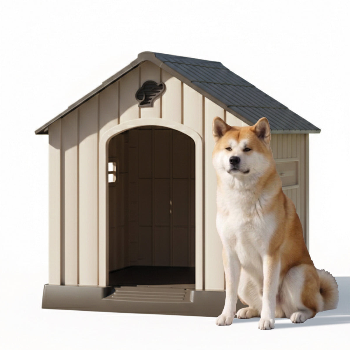 AQPET FRIENDS Hundehütte aus wasserdichtem Kunststoff für den Außen- und Innenbereich – Hundehütte mit erhöhtem Boden und Belüftungssystem – Robuster Unterschlupf