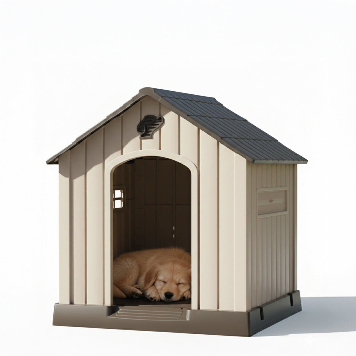 AQPET FRIENDS Hundehütte aus wasserdichtem Kunststoff für den Außen- und Innenbereich – Hundehütte mit erhöhtem Boden und Belüftungssystem – Robuster Unterschlupf