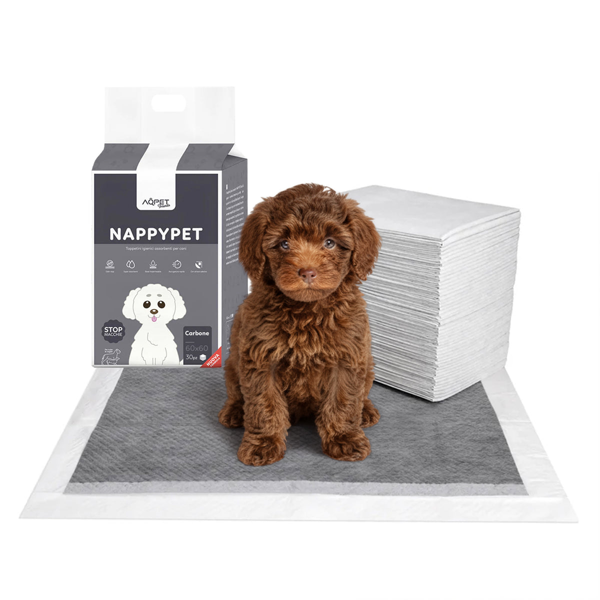 AQPET FRIENDS Trainingspads mit Aktivkohle, Größe 30 Stück, für Hunde, Ultra Saugfähig, Geruchshemmend, Wasserdicht, Welpentraining, Haushaltshygiene, mit Aktivkohle, tägliche Hygiene