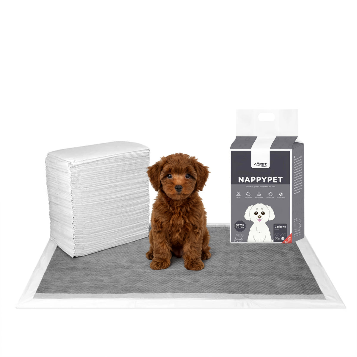 AQPET FRIENDS Trainingspads mit Aktivkohle, Größe 30 Stück, für Hunde, Ultra Saugfähig, Geruchshemmend, Wasserdicht, Welpentraining, Haushaltshygiene, mit Aktivkohle, tägliche Hygiene