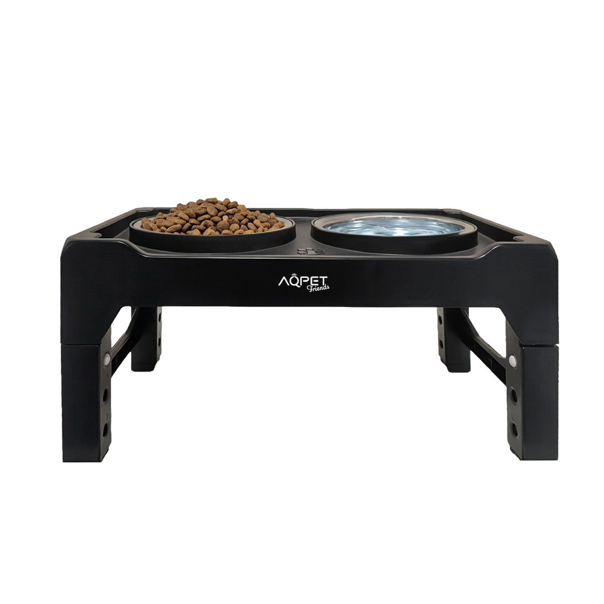 AQPET FRIENDS Erhöhter Futternapfständer für Hunde mit 3 verstellbaren Stufen – Rutschfeste Halterung 40x22x8-26h cm mit 2 Edelstahlnäpfen Ø14 cm – Verbessert die Haltung während der Mahlzeit