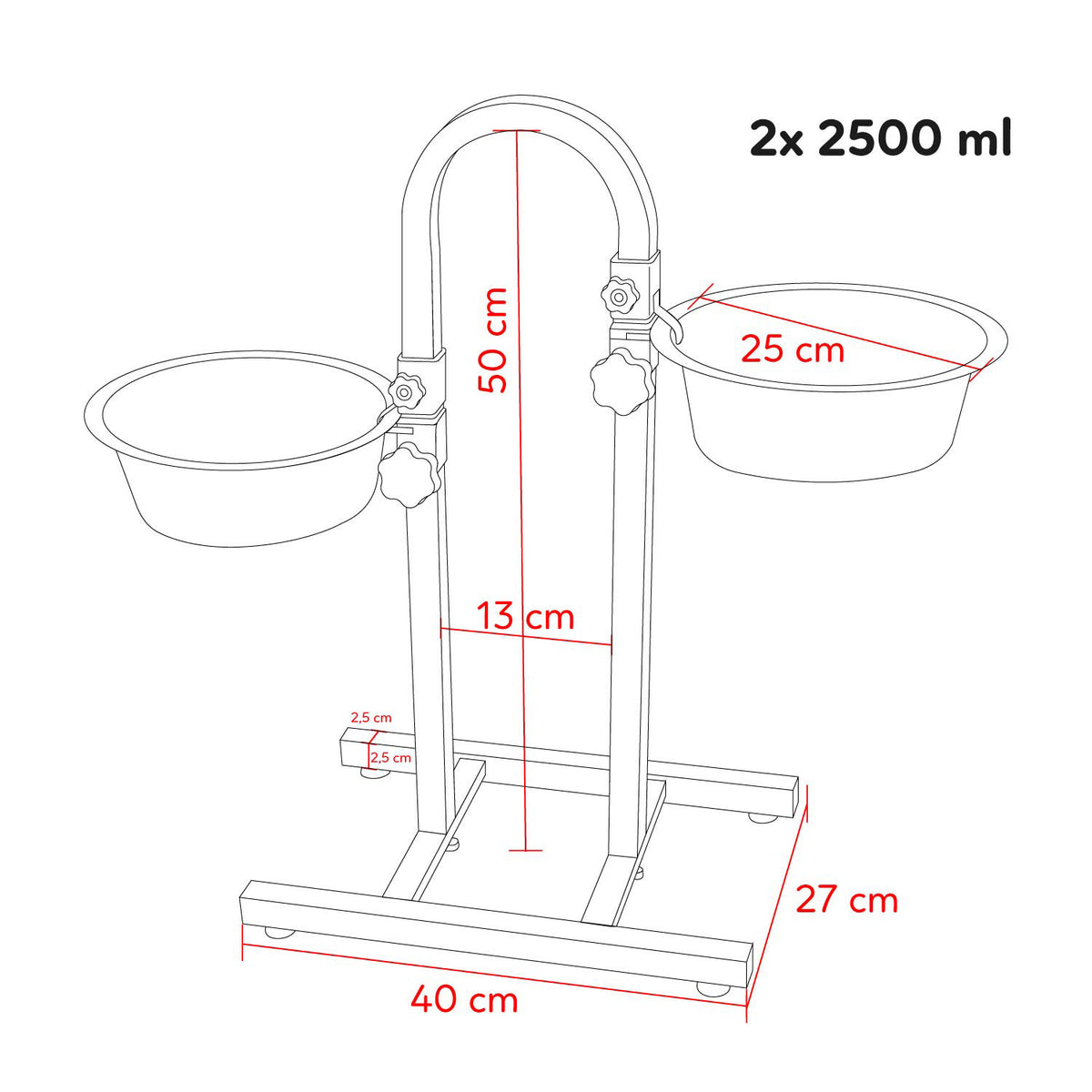 AQPET FRIENDS Gnammy Futternapf-Ständer mit 2 erhöhten Edelstahlnäpfen, höhenverstellbar für Hunde, Katzen, Kleintiere, 2x2500 ml, 25 cm