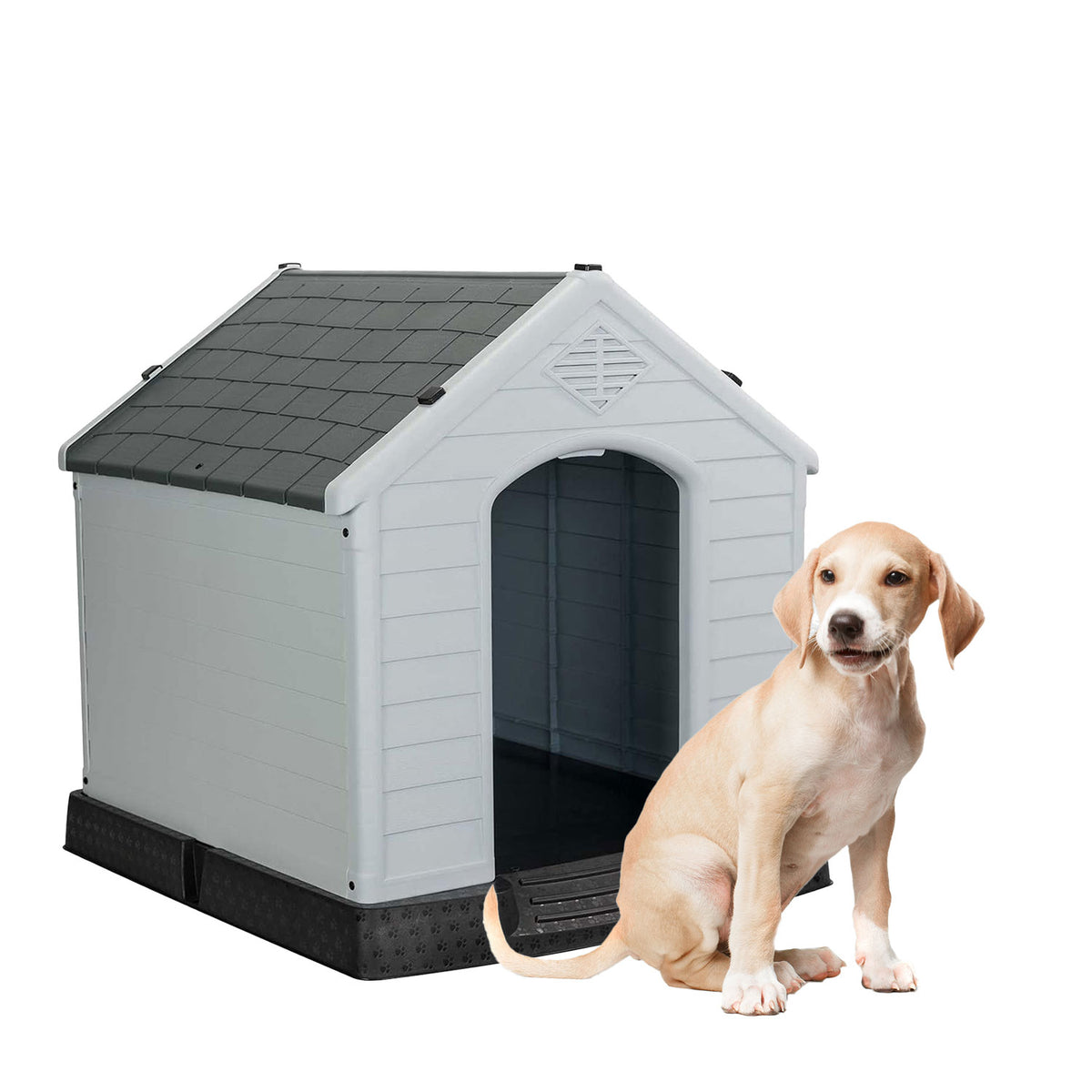 AQPET FRIENDS Chalet Kunststoff Hundehütte Wetterfest Für Hunde Und Katzen Komfort und Entspannung, Für Drinnen und Draußen
