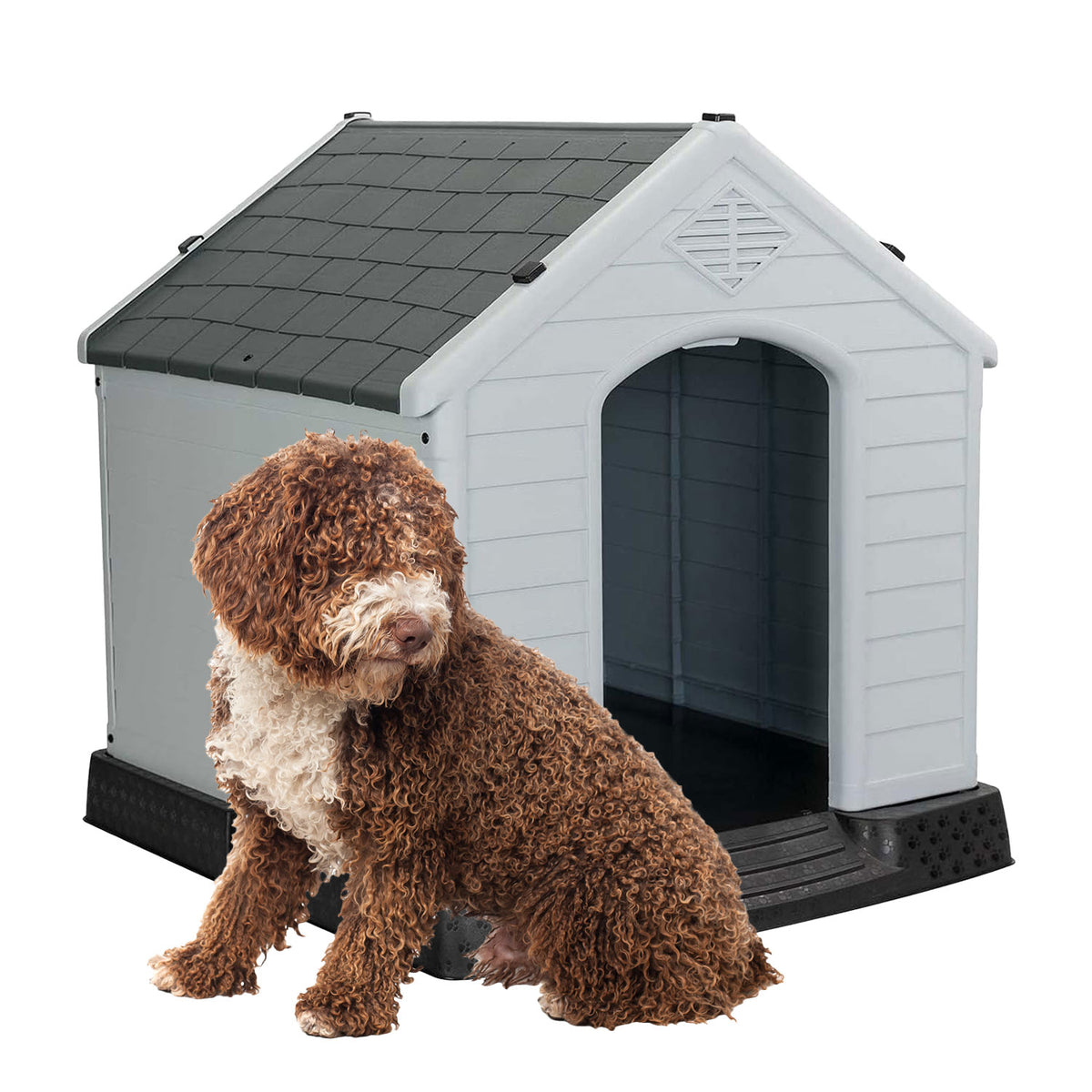 AQPET FRIENDS Chalet Kunststoff Hundehütte Wetterfest Für Hunde Und Katzen Komfort und Entspannung, Für Drinnen und Draußen