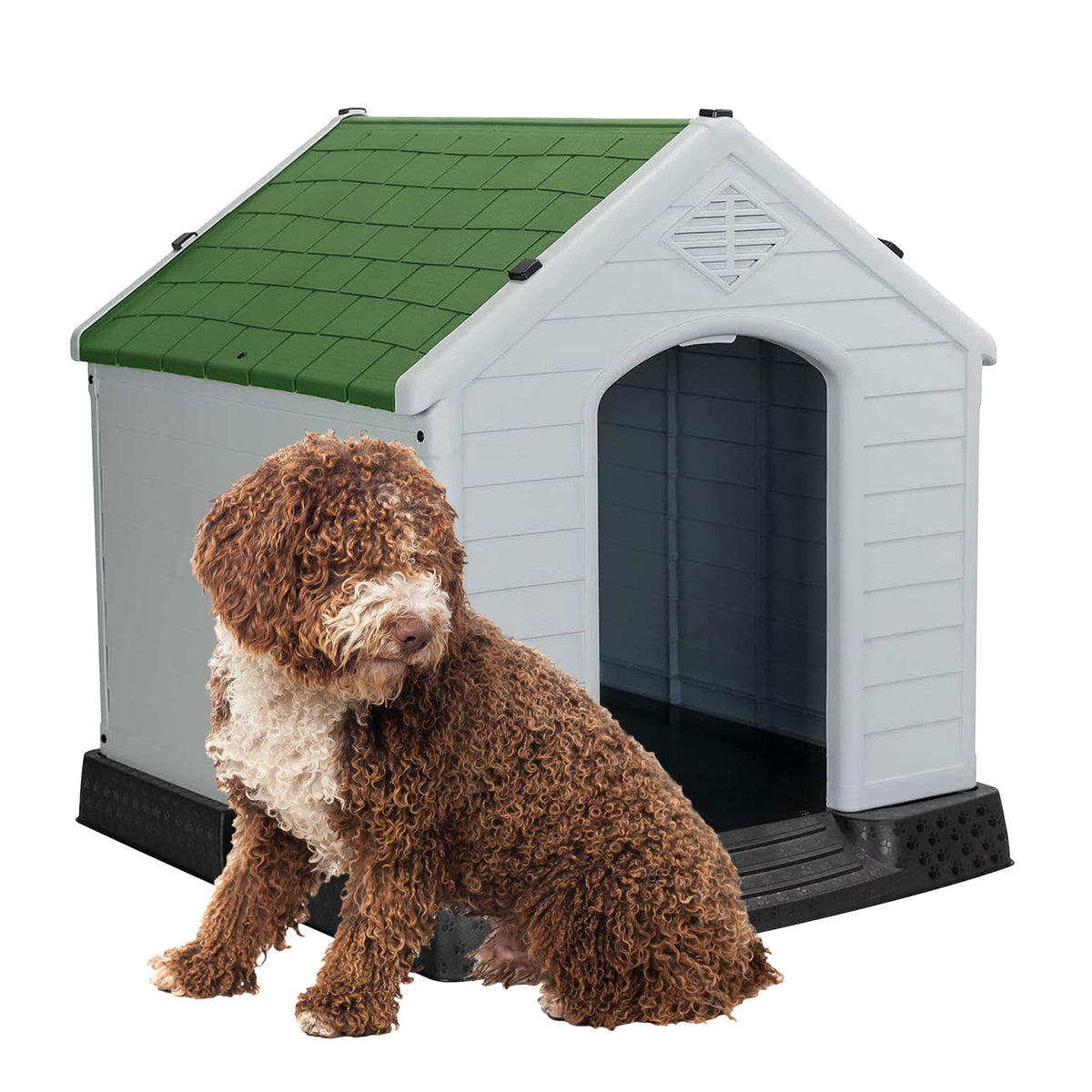 AQPET FRIENDS Chalet Kunststoff Hundehütte Wetterfest Für Hunde Und Katzen Komfort und Entspannung, Für Drinnen und Draußen