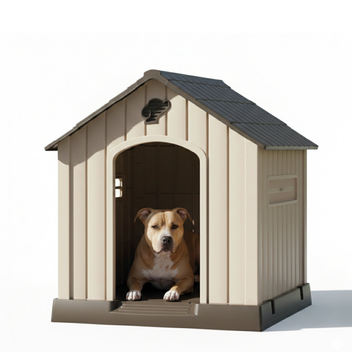 AQPET FRIENDS Hundehütte aus wasserdichtem Kunststoff für den Außen- und Innenbereich – Hundehütte mit erhöhtem Boden und Belüftungssystem – Robuster Unterschlupf